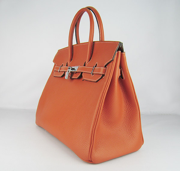 High Quality Fake Hermes 35CM Embossed Veins Leather Bag Orange 6089